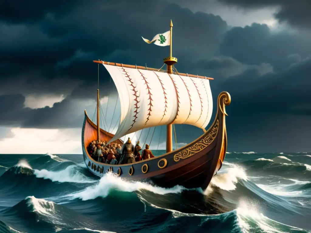 Descendencia vikinga llegando a costas irlandesas en un navío majestuoso bajo tormenta