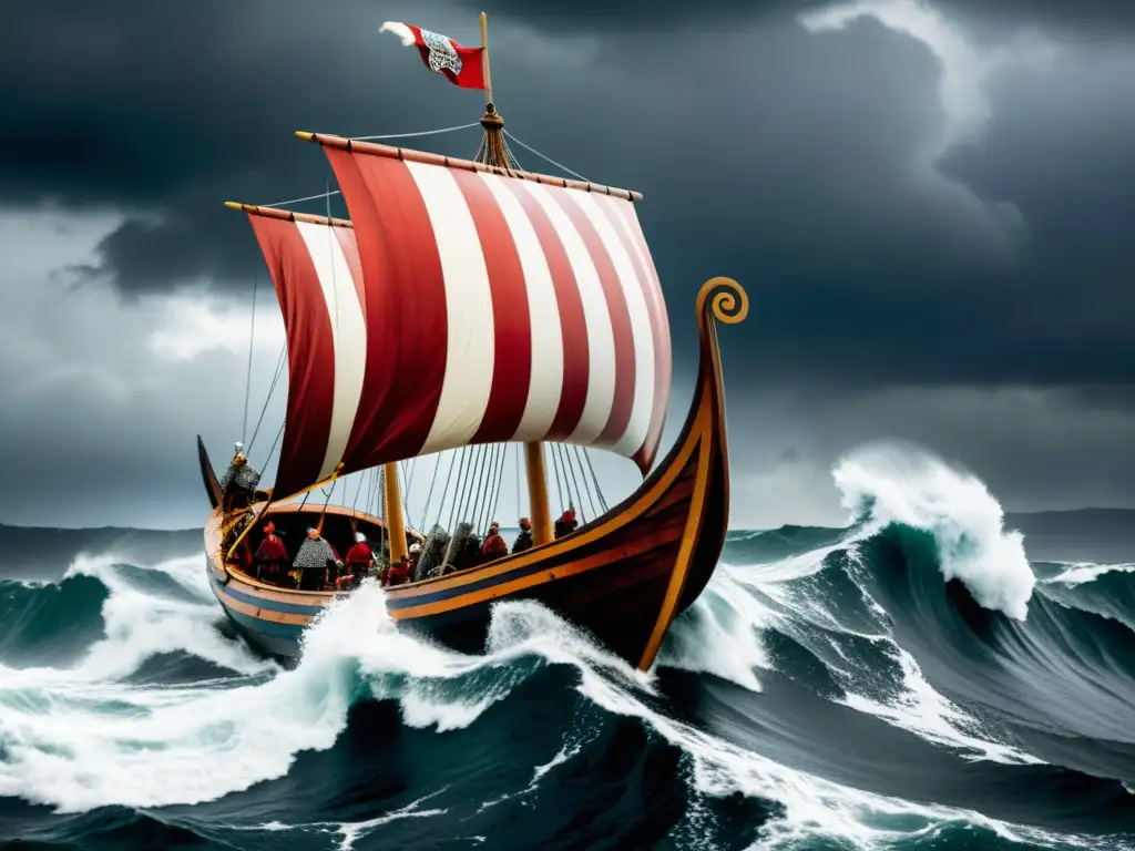 Descendencia vikinga nobleza irlandesa: Majestuoso drakkar vikingo surca mar tormentoso con guerreros a bordo