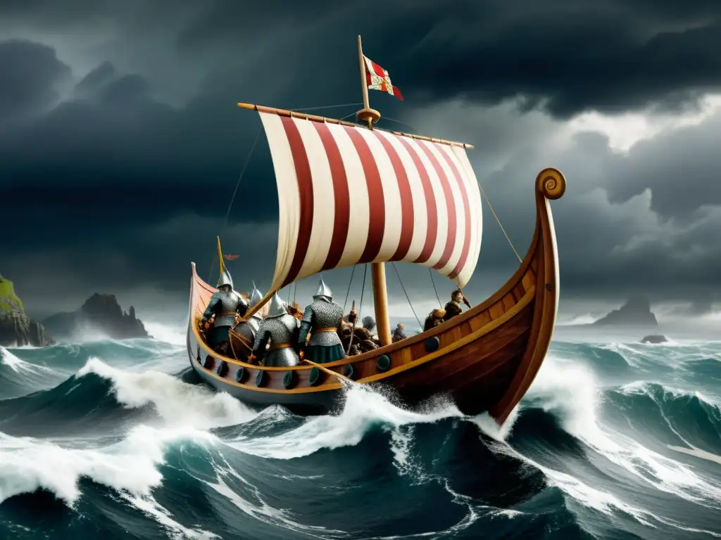Descendencia vikinga nobleza irlandesa: Un épico drakkar vikingo surca mares tormentosos, guerreros poderosos a bordo