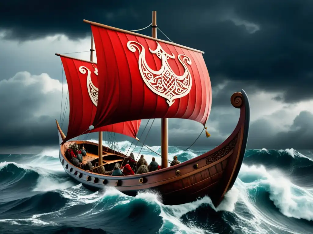 Descendencia vikinga en realeza europea: Vikingos valientes surcan mares turbulentos en un drakkar, bajo cielos amenazantes
