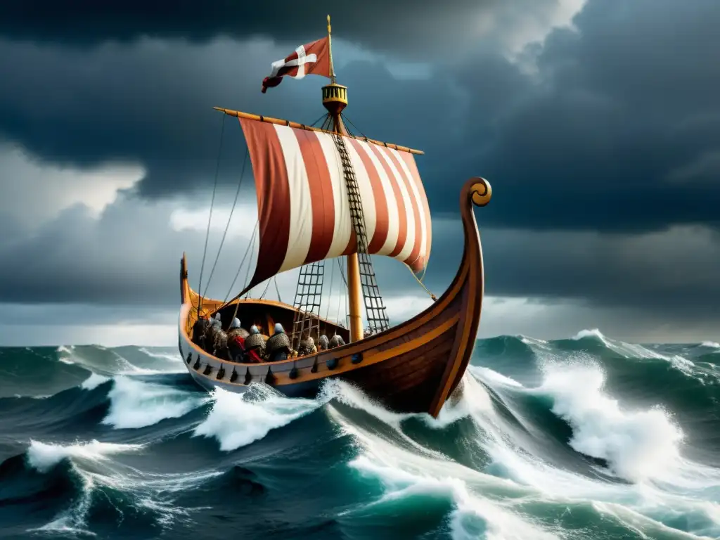 Descendientes de vikingos en Europa: Imagen impactante de un drakkar vikingo surcando mares turbulentos con castillos medievales al fondo