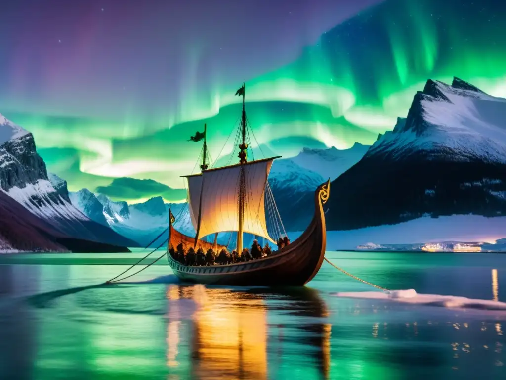 Descendientes de vikingos en Europa: Un majestuoso drakkar vikingo navega bajo auroras boreales en un fiordo nevado