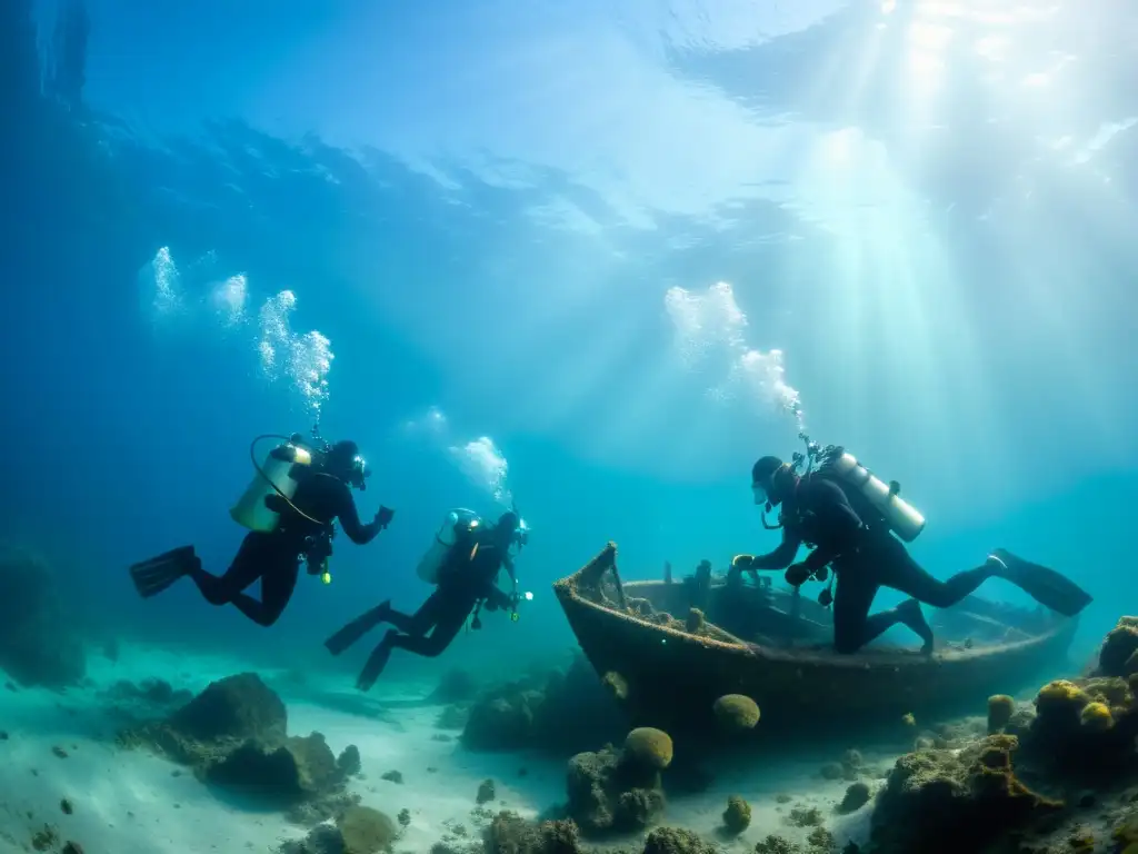 Descubrimiento de artefactos vikingos en un barco hundido, con detalles vívidos y atmósfera mística bajo el agua