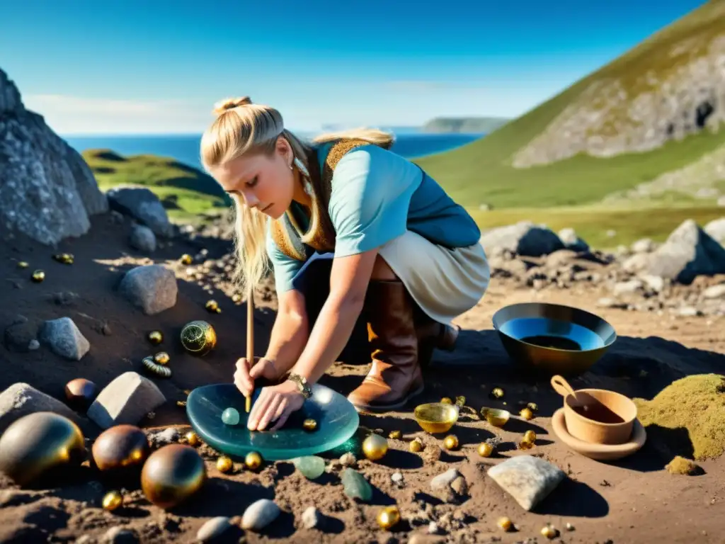 Descubrimiento emocionante de joyas vikingas en un sitio arqueológico, bajo cielo azul y paisaje escandinavo