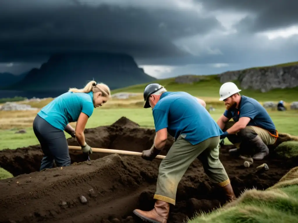 Descubrimientos arqueológicos: equipo excavando sitio funerario vikingo bajo tormenta nórdica