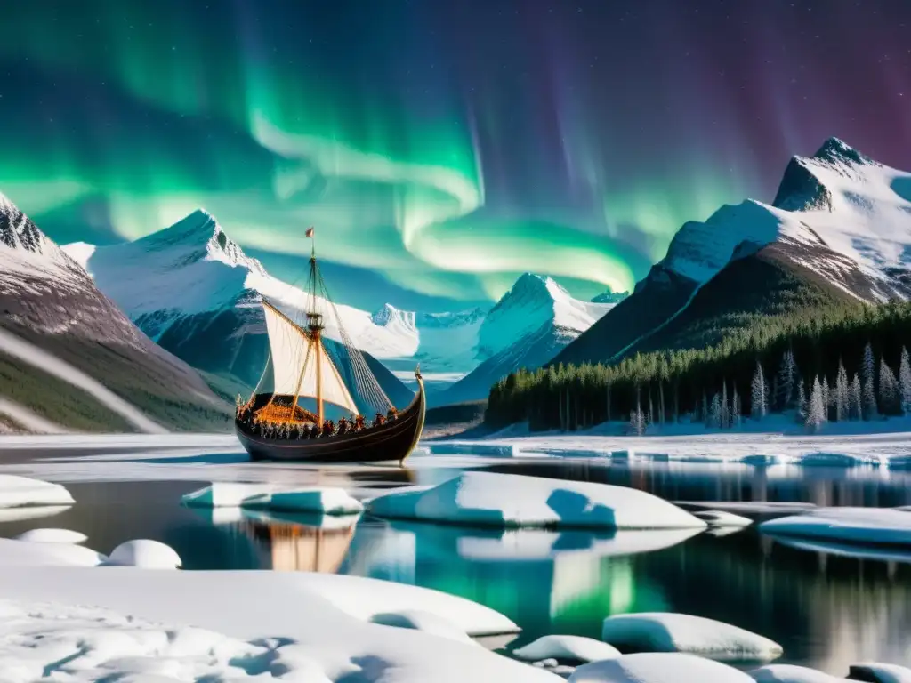 Descubrimientos geográficos vikingos: Vikingos navegando en un paisaje nórdico bajo la aurora boreal