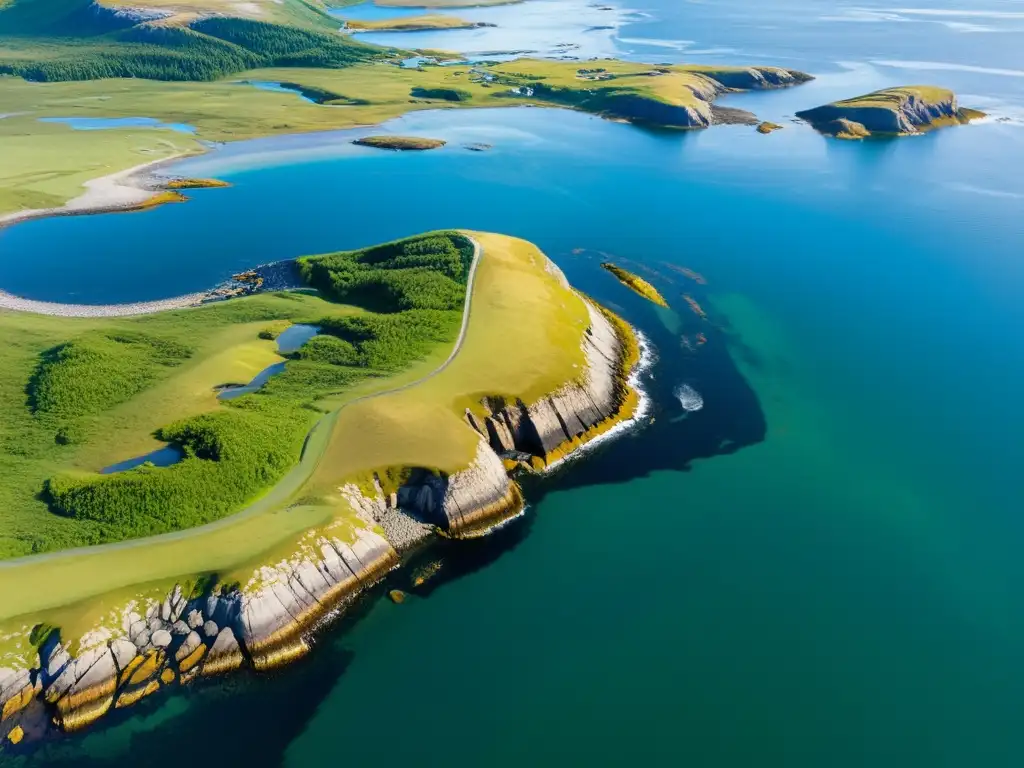 Descubrimientos vikingos famosos siglo XXI: majestuosa costa de L'Anse aux Meadows, con ruinas vikingas entre colinas y el Atlántico