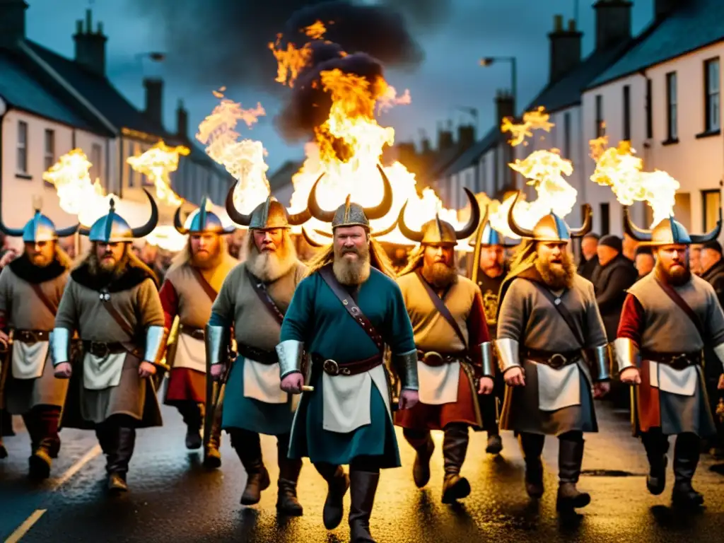 Un desfile en el Festival Up Helly Aa Vikingo: isleños vestidos como vikingos con antorchas, reflejando determinación y emoción