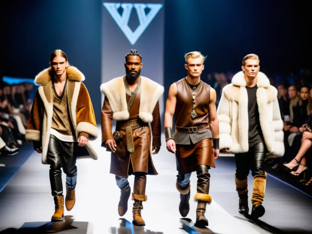 Desfile de moda actual inspirada en Vikingos: modelos con diseños vikingos modernos en una pasarela industrial iluminada