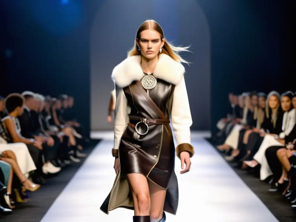 Desfile de moda actual inspirado en Vikingos: modelos en armaduras y símbolos nórdicos, fusionando lo antiguo con lo contemporáneo
