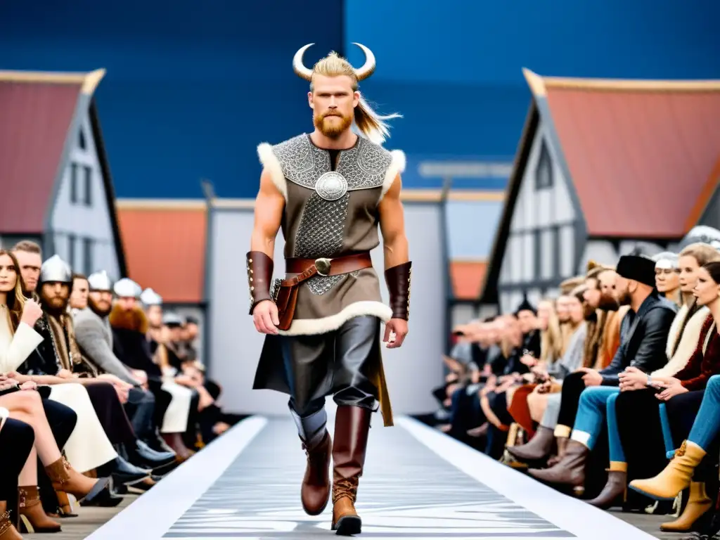 Desfile de moda callejera con tendencias de moda vikinga contemporánea: modelos lucen atuendos inspirados en vikingos y accesorios modernos