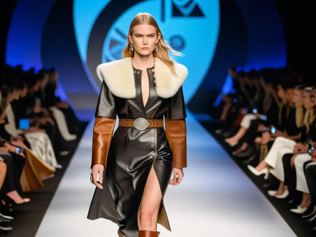 Desfile de moda contemporánea con legado vikingo, modelos en atuendos vikingos modernos, decorado con motivos nórdicos