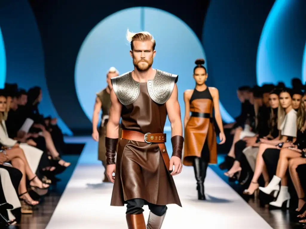 Desfile de moda contemporánea con legado vikingo en una pasarela inspirada en un drakkar