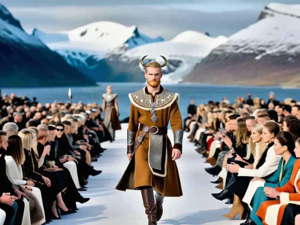 Desfile de moda contemporánea con legado vikingo: prendas intrincadas, paisaje nórdico y luz dramática