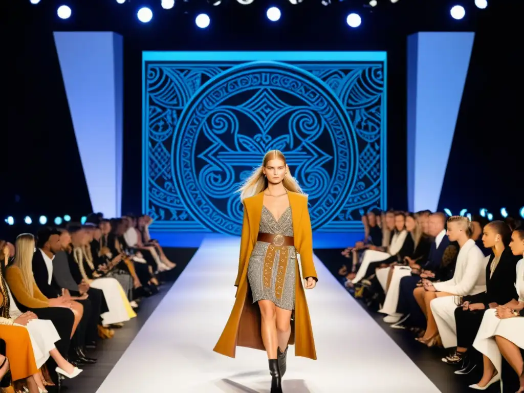 Desfile de moda con influencia de los patrones vikingos, diseñadores y modelos fusionando lo antiguo con lo moderno