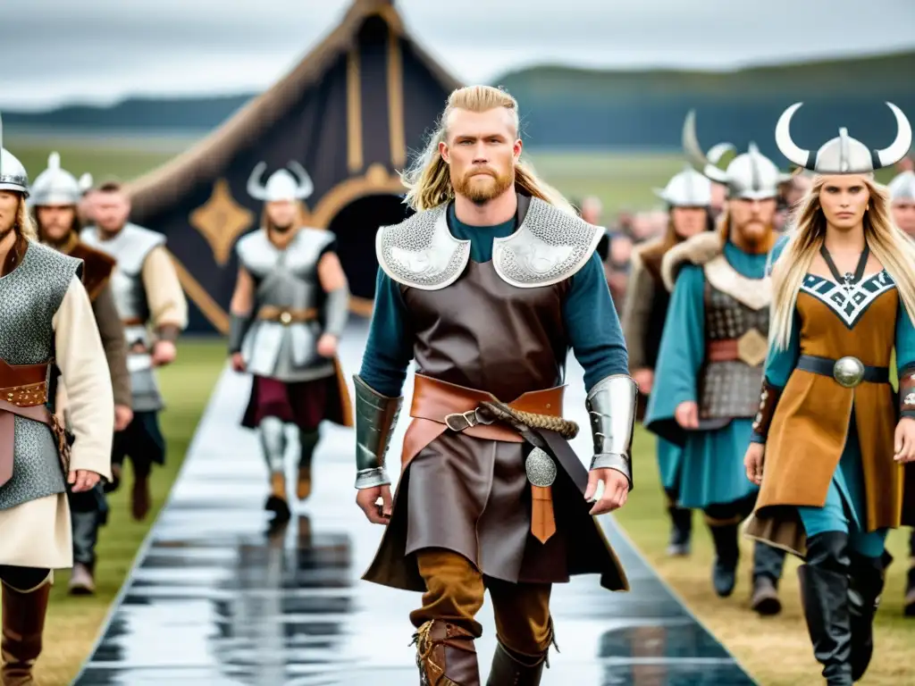 Desfile de moda con ropa y armadura vikinga aplicaciones en una pasarela moderna