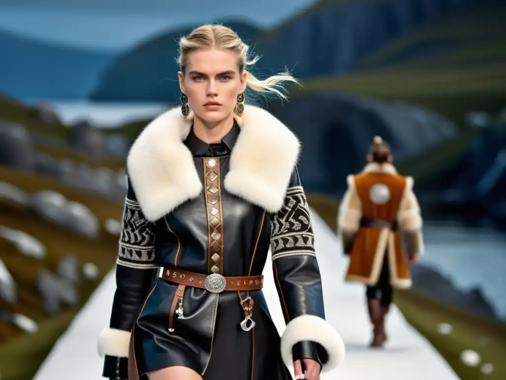 Desfile de moda con tendencias de moda vikinga contemporánea en paisaje nórdico