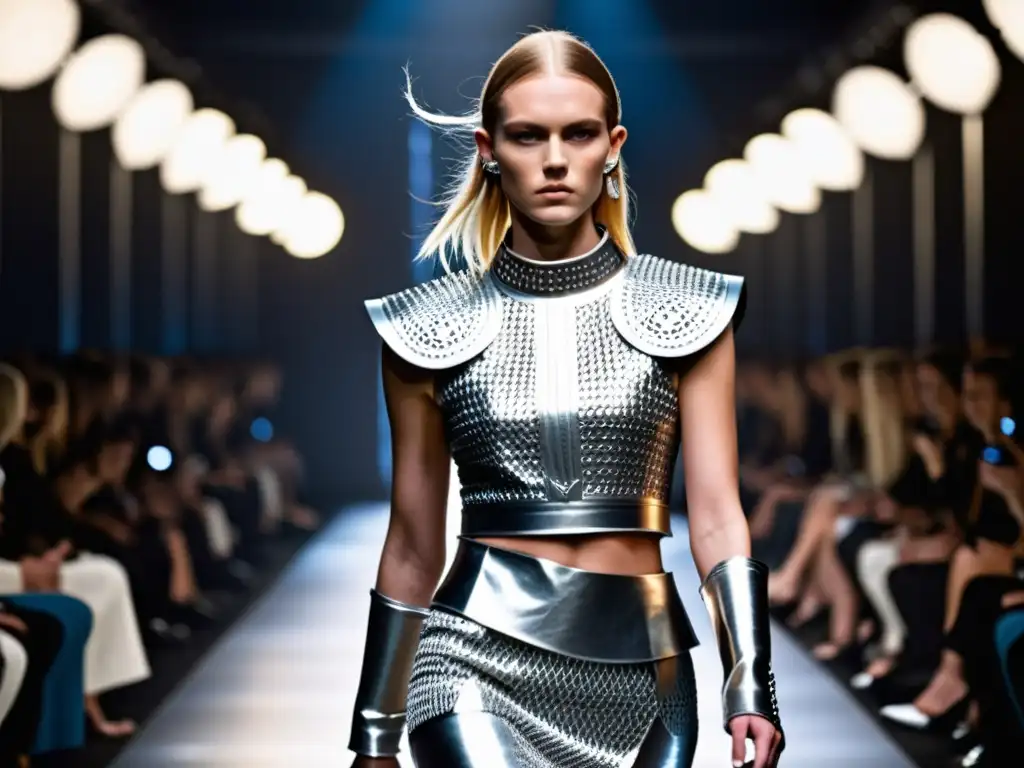 Desfile de moda con protección vikinga en armaduras y diseño contemporáneo