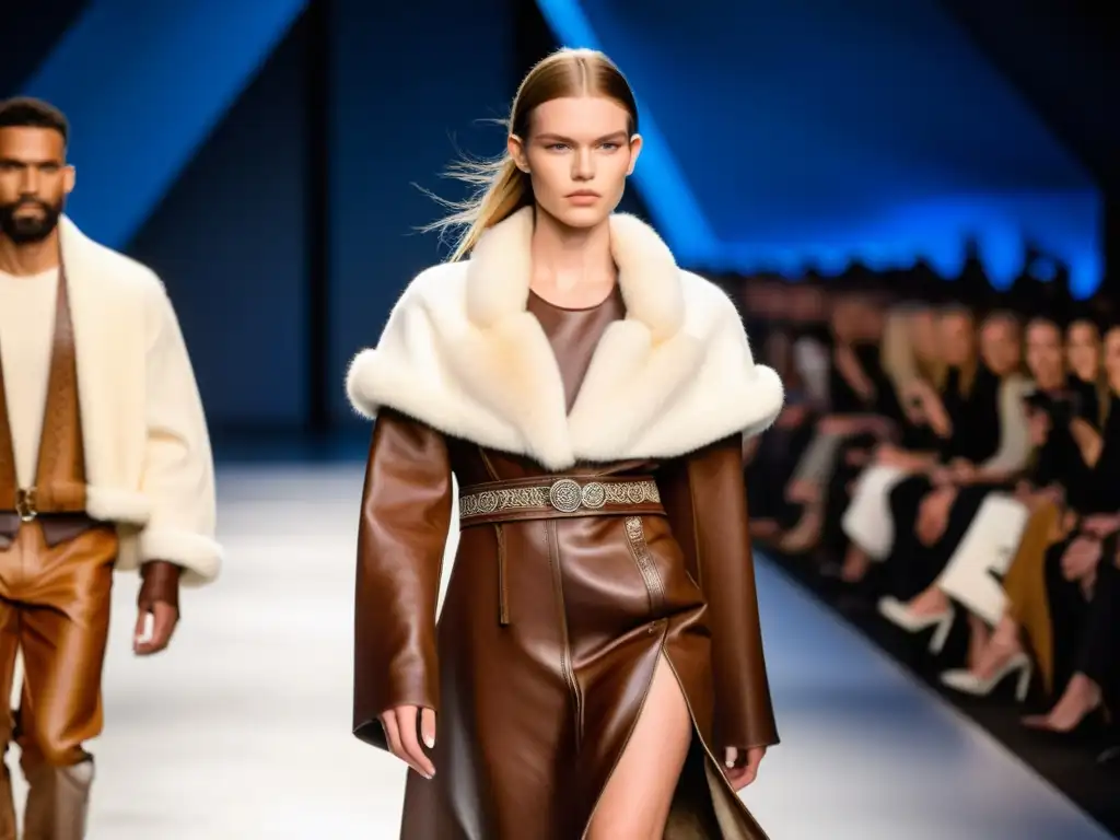 Desfile de moda vikinga en diseño contemporáneo: modelos lucen prendas modernas con toques vikingos en una pasarela minimalista