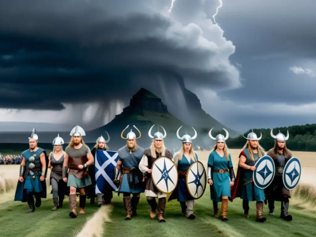 Desfile vikingo con simbología apocalíptica Ragnarök en paisaje nórdico