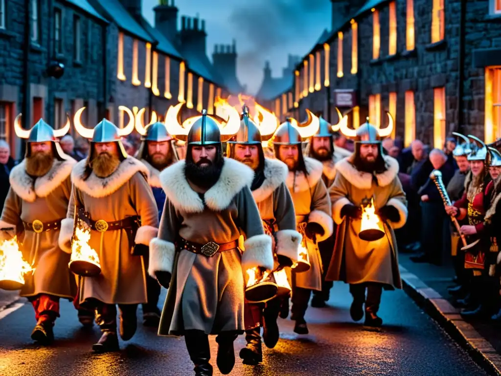 Deslumbrante desfile del Festival Up Helly Aa Vikingo, con participantes en trajes vikingos bajo el resplandor de antorchas en Lerwick