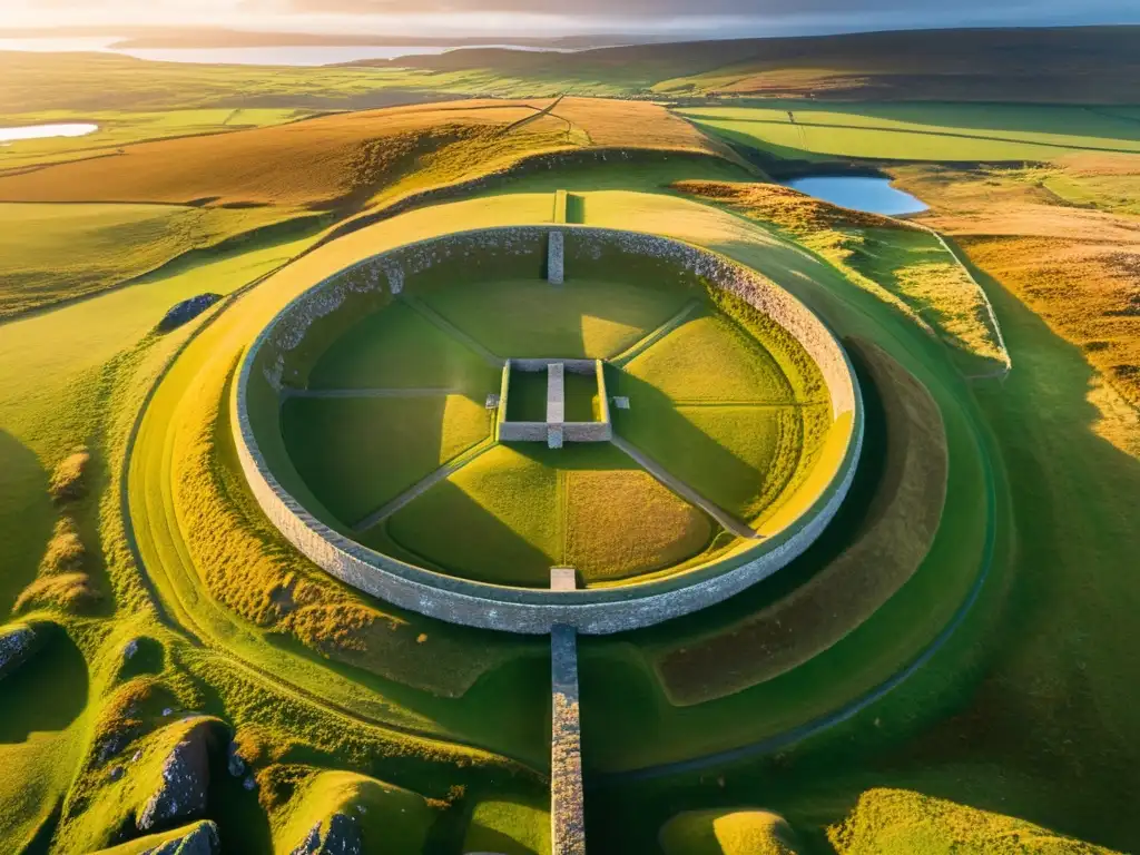 Destinos vikingos para vivir: Vista aérea impresionante de Maeshowe en Escocia, con runas vikingas y paisaje costero al atardecer