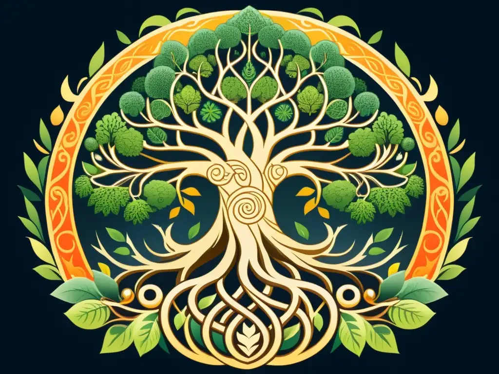 Ilustración detallada de Yggdrasil, el Árbol del Mundo en la cosmología vikinga, conectando los nueve mundos