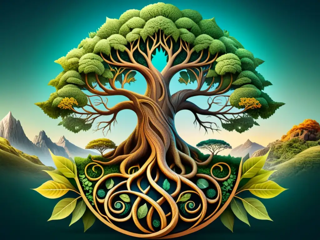 Ilustración detallada de Yggdrasil, el Árbol del Mundo de la mitología nórdica, en un paisaje místico