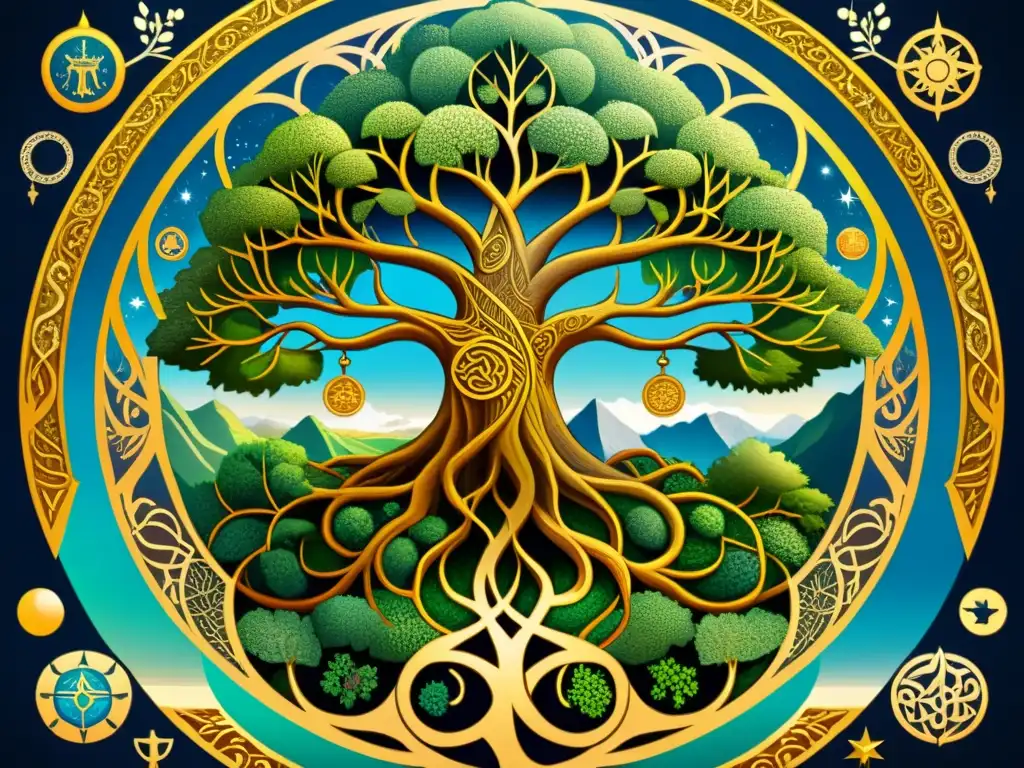 Ilustración detallada del árbol Yggdrasil en la cosmología vikinga, con nueve reinos y seres míticos