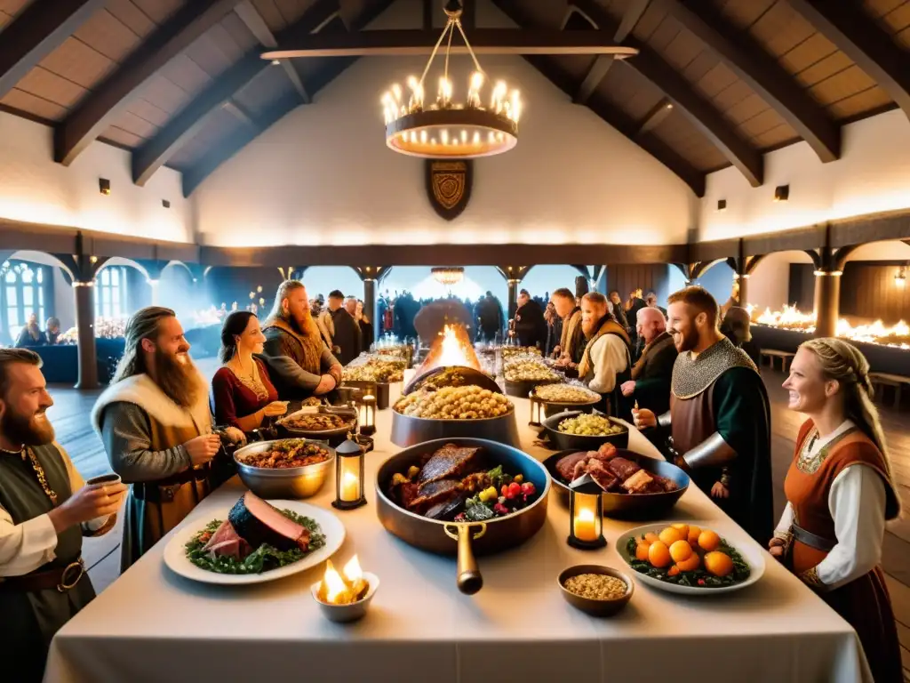 Una detallada representación de un banquete vikingo en un gran salón, con una mesa larga adornada con carnes asadas, frutas frescas, pan y vasijas