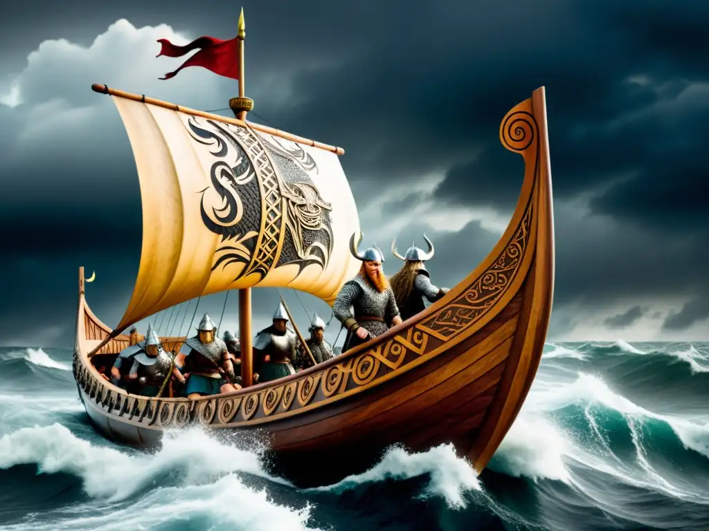 Épica travesía vikinga: barco en tormenta con guerreros y dragones Ilustración detallada de un barco vikingo en aguas turbulentas con guerreros y estrategias de guerra vikinga