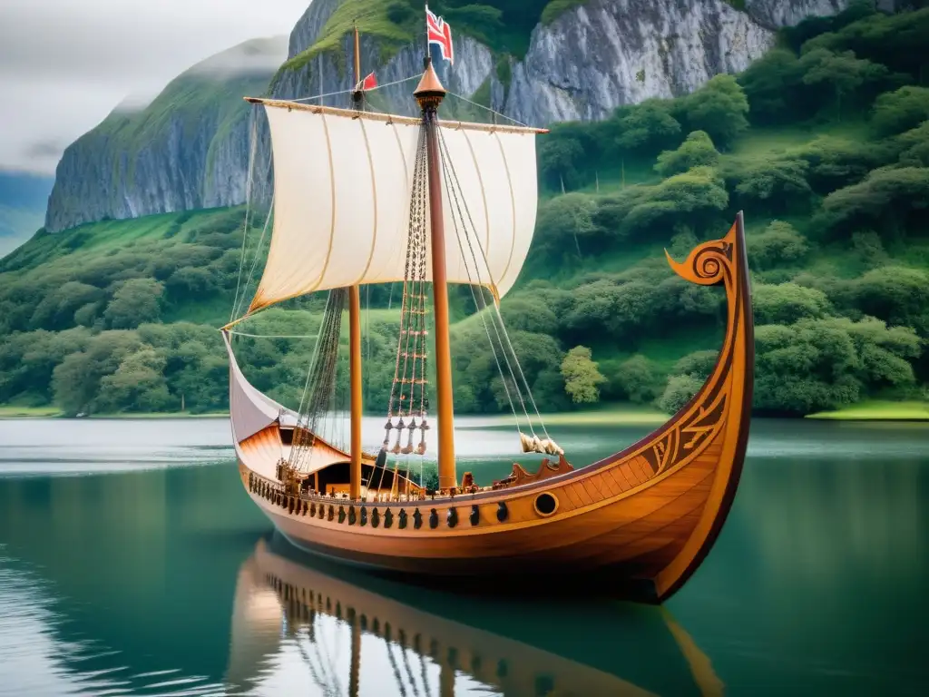 Réplica detallada de un barco vikingo histórico en un impresionante entorno natural