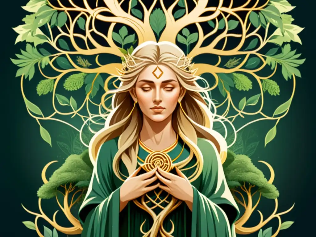 Detallada ilustración de Bestla, Madre de los Dioses en mitología vikinga, con raíces entrelazadas y sabiduría en sus ojos, tejiendo el destino entre Yggdrasil y criaturas míticas en tonos terrosos y dorados