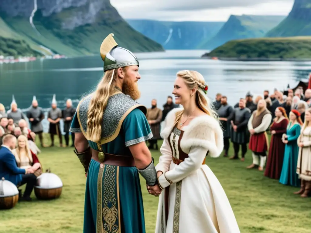 Ilustración detallada de una boda vikinga con uniones matrimoniales estratégicas en un paisaje nórdico majestuoso