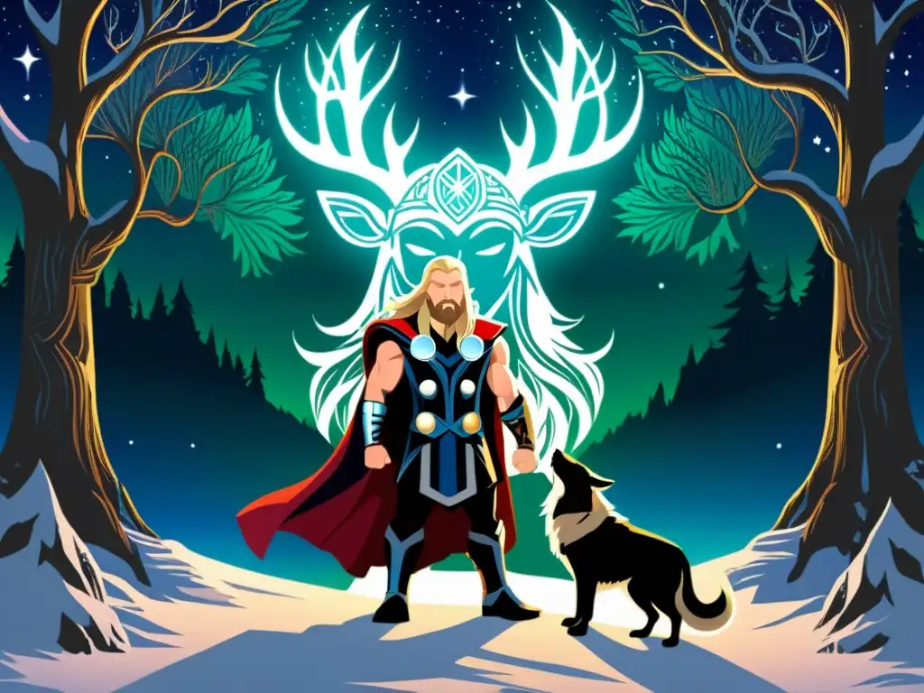 Ilustración detallada con Thor, Odin y Loki en un bosque místico bajo la aurora boreal