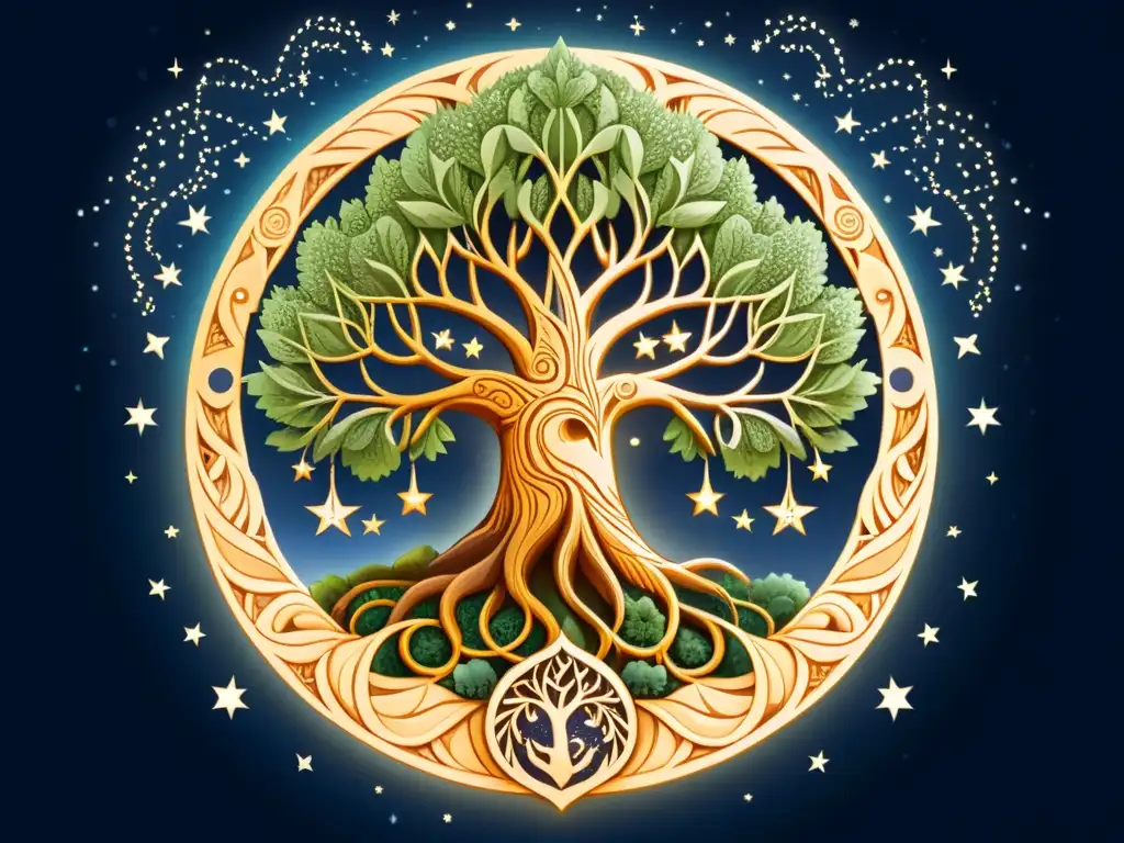 Ilustración detallada de Yggdrasil en un bosque nocturno estrellado, con criaturas mitológicas