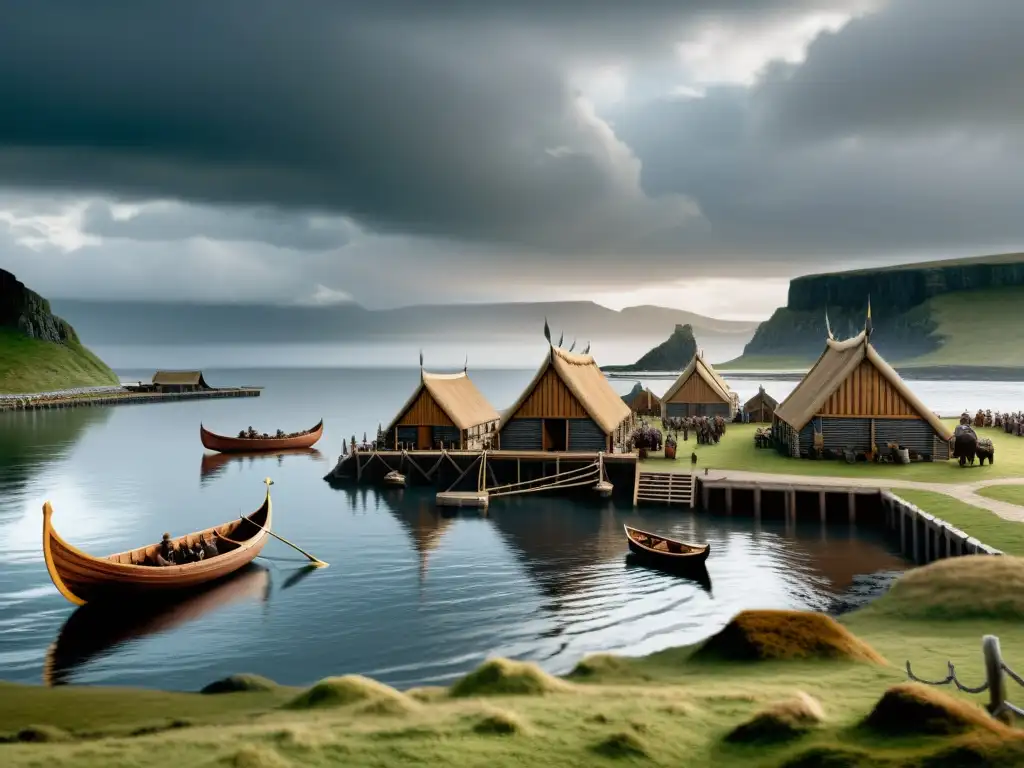 Ilustración detallada de un bullicioso asentamiento vikingo con actividades de guerreros y artesanos, bajo un cielo amenazante