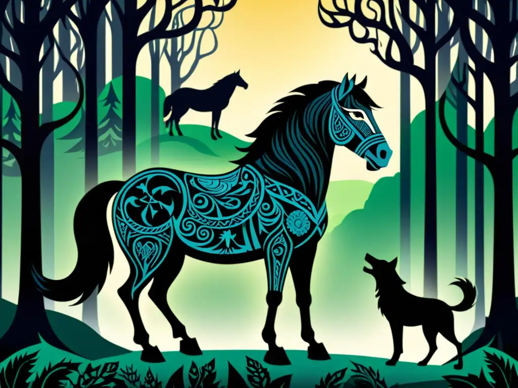 Ilustración detallada de Sleipnir, el caballo de ocho patas de la mitología nórdica, en un bosque místico con lobos de Fenrir acechando