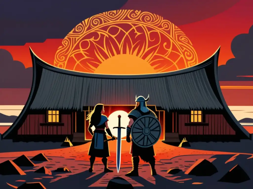 Ilustración detallada de una casa larga vikinga con decoraciones nórdicas, en un atardecer de fuego