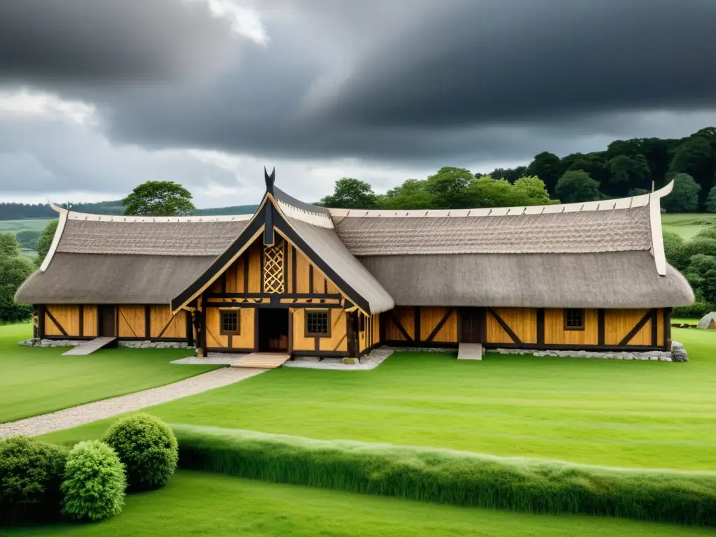 Representación detallada de una casa vikinga integrada en arquitectura normanda, fusionando elementos vikingos y normandos