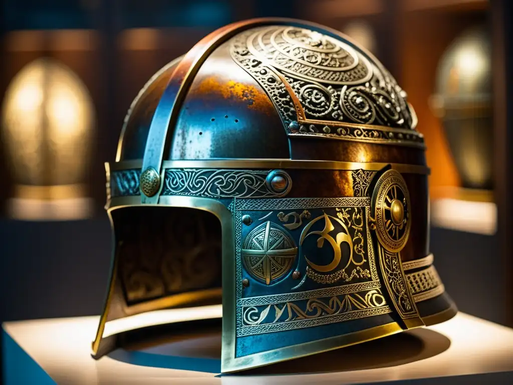 Detallada conservación de un casco vikingo, exhibición en museo, resalta intrincado metal y artesanía antigua