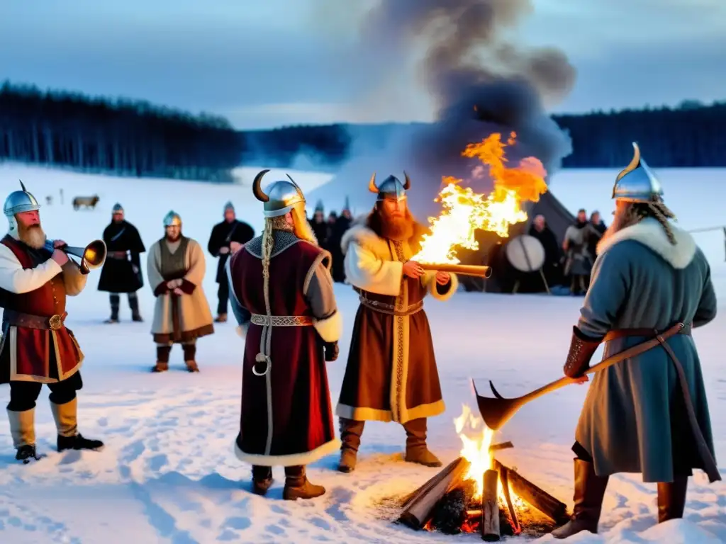 Recreación detallada de una celebración vikinga antigua al solsticio, con vestimenta y elementos auténticos en paisaje nórdico nevado