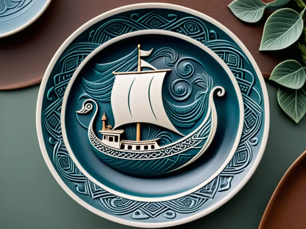 Plato vikingo tallado: arte y símbolos nórdicos Una detallada cerámica vikinga con un barco en un paisaje nórdico