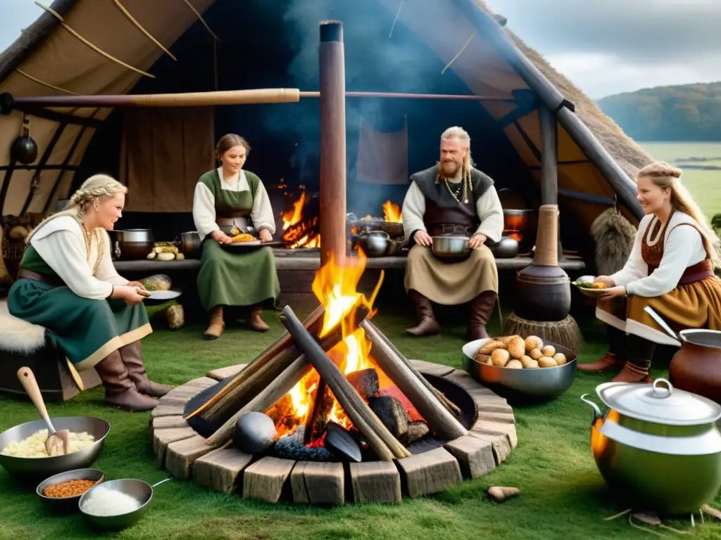 Representación detallada de una cocina vikinga tradicional con ingredientes frescos y personas preparando alimentos