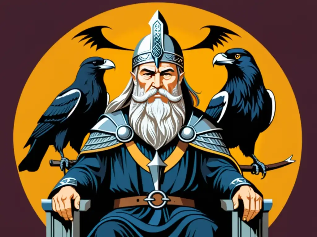 Ilustración detallada de Odin, dios nórdico, con sus cuervos mensajeros, Huginn y Muninn, simbolizando sabiduría en la cultura vikinga