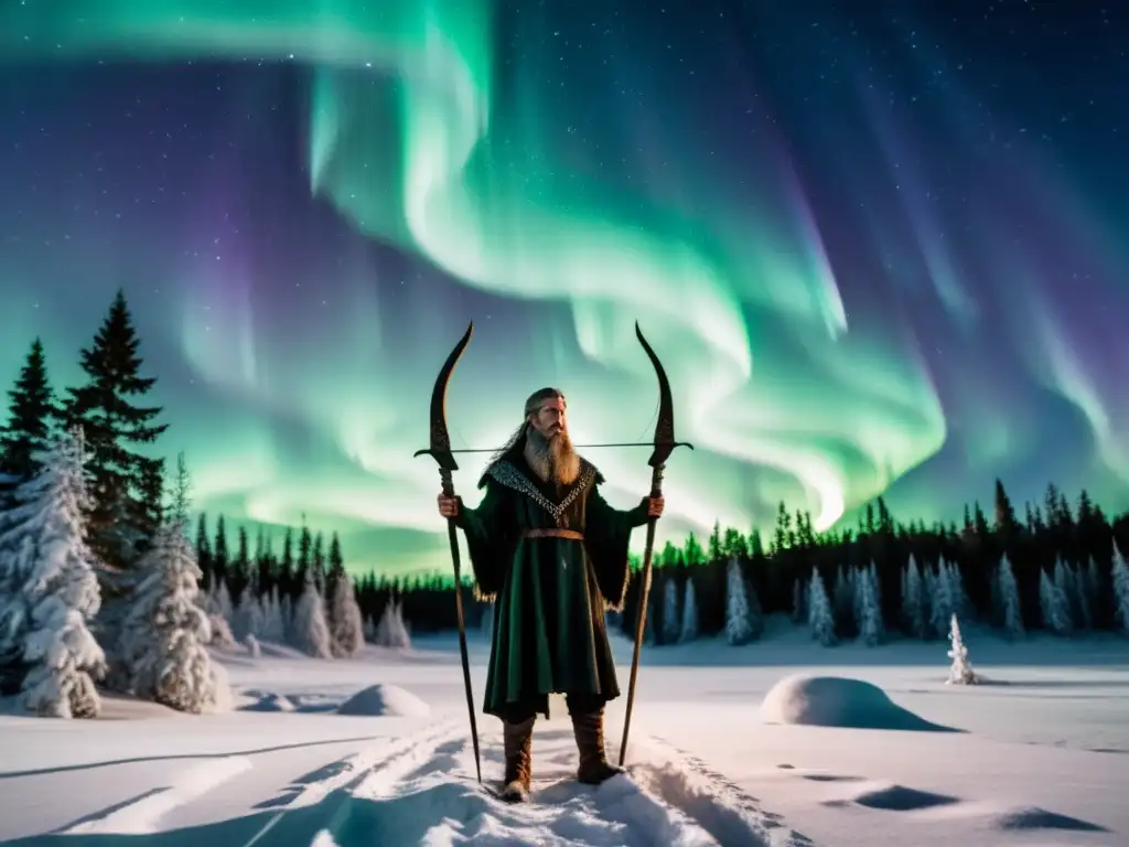 Ilustración detallada de Höðr, dios ciego en la mitología vikinga, en un bosque invernal bajo la aurora boreal