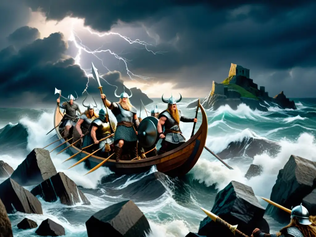 Ilustración detallada de dioses y guerreros vikingos en batalla en una costa rocosa durante una tormenta