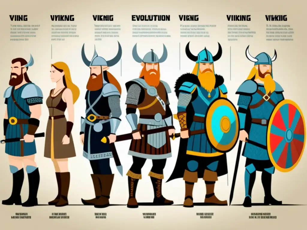 Ilustración detallada y elaborada de la evolución de personajes vikingos en cultura, desde guerreros clásicos hasta adaptaciones modernas futuristas