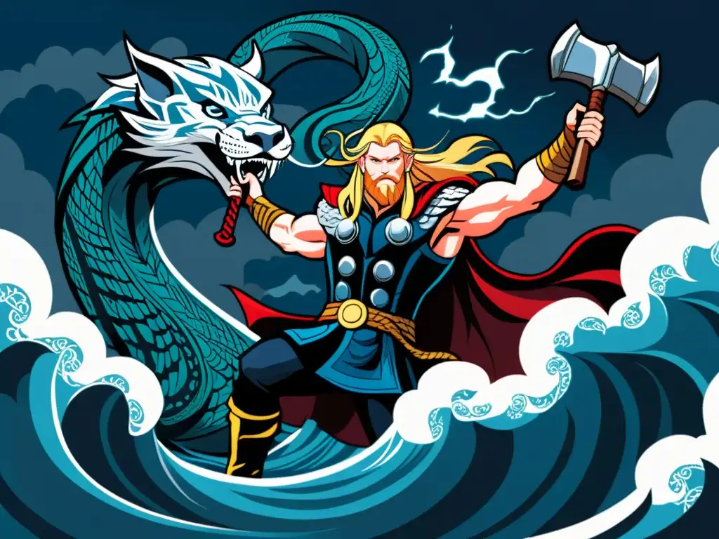 Ilustración detallada del épico combate entre Thor y Jörmungandr en medio de una tormenta en el mar