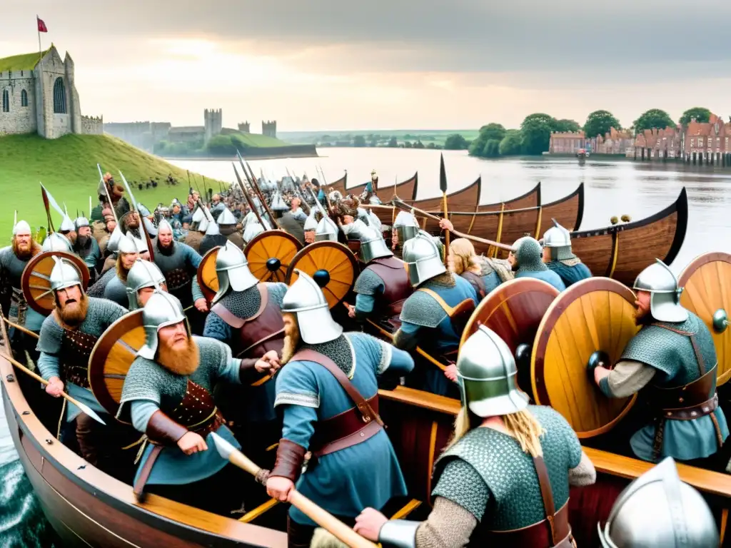 Ilustración detallada estilo documental de las naves vikingas llegando a la antigua ciudad de York durante la conquista vikinga de York